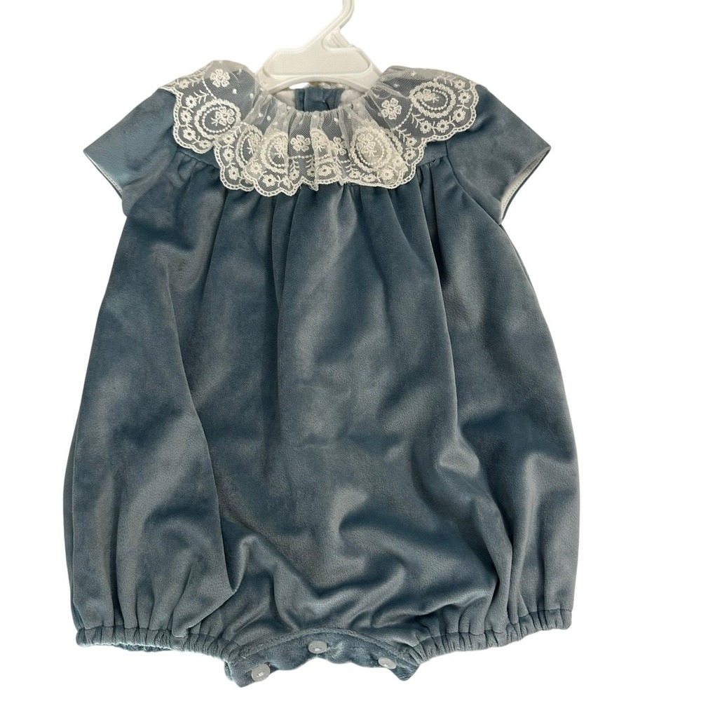 Luli & Me Baby Blue Velvet Lace Collar Bubble Romper 3M Heirloom Christening